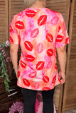 Valentine lips printed short sleeve women top w/tie hole neckline BQ12655