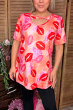 Valentine lips printed short sleeve women top w/tie hole neckline BQ12655