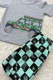 Summer camo car printed grey short sleeve top & checkered shorts 2pc boy set 250945M