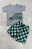 Summer camo car printed grey short sleeve top & checkered shorts 2pc boy set 250945M