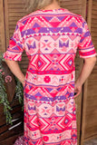 Western Aztec printed short sleeve women dress w/side pockets GJQ15744 AS7