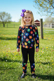 XCH04006 Smile face flower prints long sleeve top black pant 2pc girls sets (A102S)