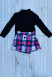 Black ribbed knitted fabric long sleeve top & plaid shorts 2pc girls sets DLH2840