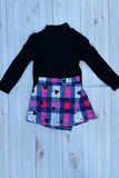 Black ribbed knitted fabric long sleeve top & plaid shorts 2pc girls sets DLH2840