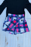 Black ribbed knitted fabric long sleeve top & plaid shorts 2pc girls sets DLH2840