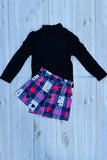 Black ribbed knitted fabric long sleeve top & plaid shorts 2pc girls sets DLH2840