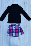 Black ribbed knitted fabric long sleeve top & plaid shorts 2pc girls sets DLH2840