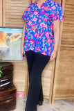 Floral printed blue double ruffle bell short sleeve women's blouse GJQ16191 GS1