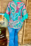 Western paisley printed ruffle bell sleeves women top GJQ16628