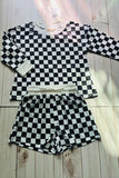 Mom and me checkered printed long sleeve top & shorts 2pc girls sets XCH04048 A9S1