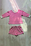 Pink checkered printed long sleeve top & shorts 2pc girls sets XCH04047 A9S1