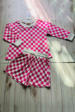 Pink checkered printed long sleeve top & shorts 2pc girls sets XCH04047 A9S1