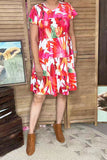 Floral printed ruffle hem cap short sleeve women dress GJQ16442