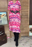 Western Aztec printed short sleeve women dress w/side pockets GJQ15744 AS7
