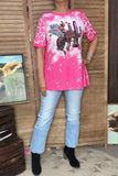 Cowboy riding horse printed short sleeves fuchsia women top XCH14568 CS9