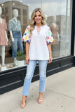 Luxury floral embroidery puff short sleeve white women's boutique blouse XCH16531