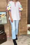 Spring floral embroidery puff short sleeve white women blouse XCH16531