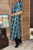 Western turquoise aztec print maxi women's dress with side slit XCH16816
