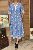 Blue floral printed & lace trim bell short sleeve rayon maxi women dress GJQ16689