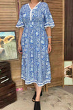 Blue floral printed & lace trim bell short sleeve rayon maxi women dress GJQ16689
