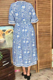 Blue floral printed & lace trim bell short sleeve rayon maxi women dress GJQ16689
