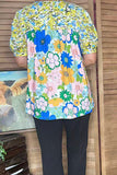 Flower printed & lace trim round neck puff sleeve women blouse GJQ16291