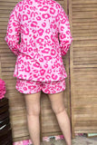 Pink leopard long sleeve top & shorts 2pc women set XCH15623