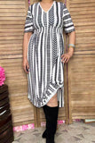 Black & White Geometric Short Sleeve Women Midi Dress w/slit GJQ16338 Afloor