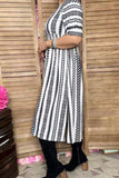 Black & White Geometric Short Sleeve Women Midi Dress w/slit GJQ16338 Afloor