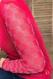 Red sheer & rhinestone checkered long sleeves women top XCH16872