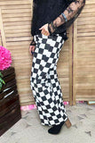 Black white checkered cotton denim flare legs women pant XCH16817