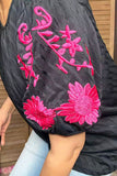 Pink floral embroidery puff short sleeve black women blouse XCH16809