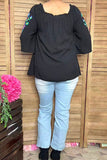 Flower & bird embroidery black rayon bell short sleeve women top XCH16731