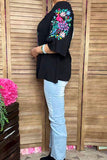 Flower & bird embroidery black rayon bell short sleeve women top XCH16731