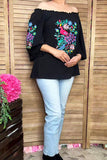 Flower & bird embroidery black rayon bell short sleeve women top XCH16731