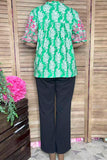 Pink floral emboridery puff sleeves green women blouse XCH16810