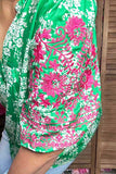 Pink floral emboridery puff sleeves green women blouse XCH16810