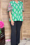 Pink floral emboridery puff sleeves green women blouse XCH16810