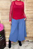 Solid color blue ruffles wide leg women pant XCH16819