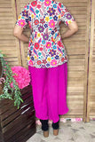 Solid color fuchsia ruffles wide leg women pant XCH16820