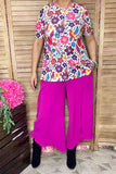 Solid color fuchsia ruffles wide leg women pant XCH16820