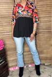 Floral & leopard & black color block half sleeves women top GJQ16303 GS4