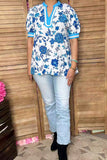 Blue floral printed & whtie trim puff short sleeve women top GJQ16642