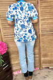 Blue floral printed & whtie trim puff short sleeve women top GJQ16642