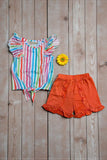 Serape printed flutter sleeves top & orange shorts 2pc girls sets XCH04014 A9S1