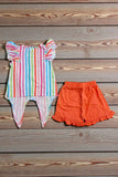 Serape printed flutter sleeves top & orange shorts 2pc girls sets XCH04014 A9S1
