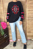 Southern Stitch western aztec embroidery black long sleeve women top XCH16631