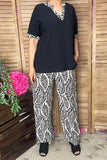Black short sleeve top & wide leg pant 2pc women set GJQ16908 IS6
