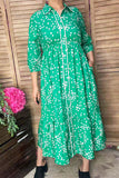 Spring floral green 3/4 sleeve maxi women dress w/buttons GJQ16691