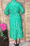 Spring floral green 3/4 sleeve maxi women dress w/buttons GJQ16691